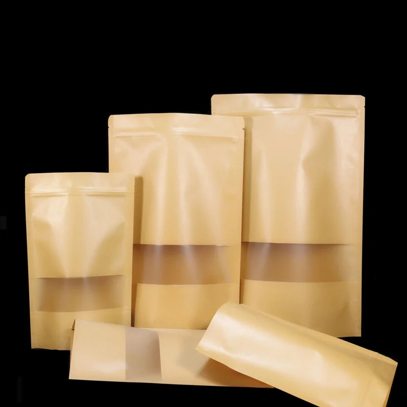 Kraft Paper with Window Zipper Lock Bag, Food, Tea, Snacks, Self-Sealing Storage, Wedding, Home Candy Gift Packaging, 100Pcs