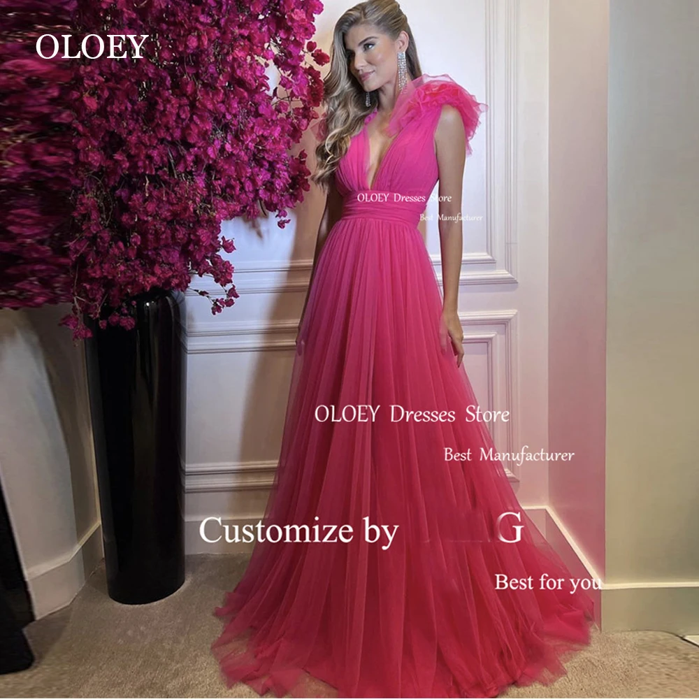 

OLOEY Hot Pink Tulle A Line Long Prom Dresses For Wedding Party V Neck Backless Sexy Evening Gowns Formal Occcasion Dress