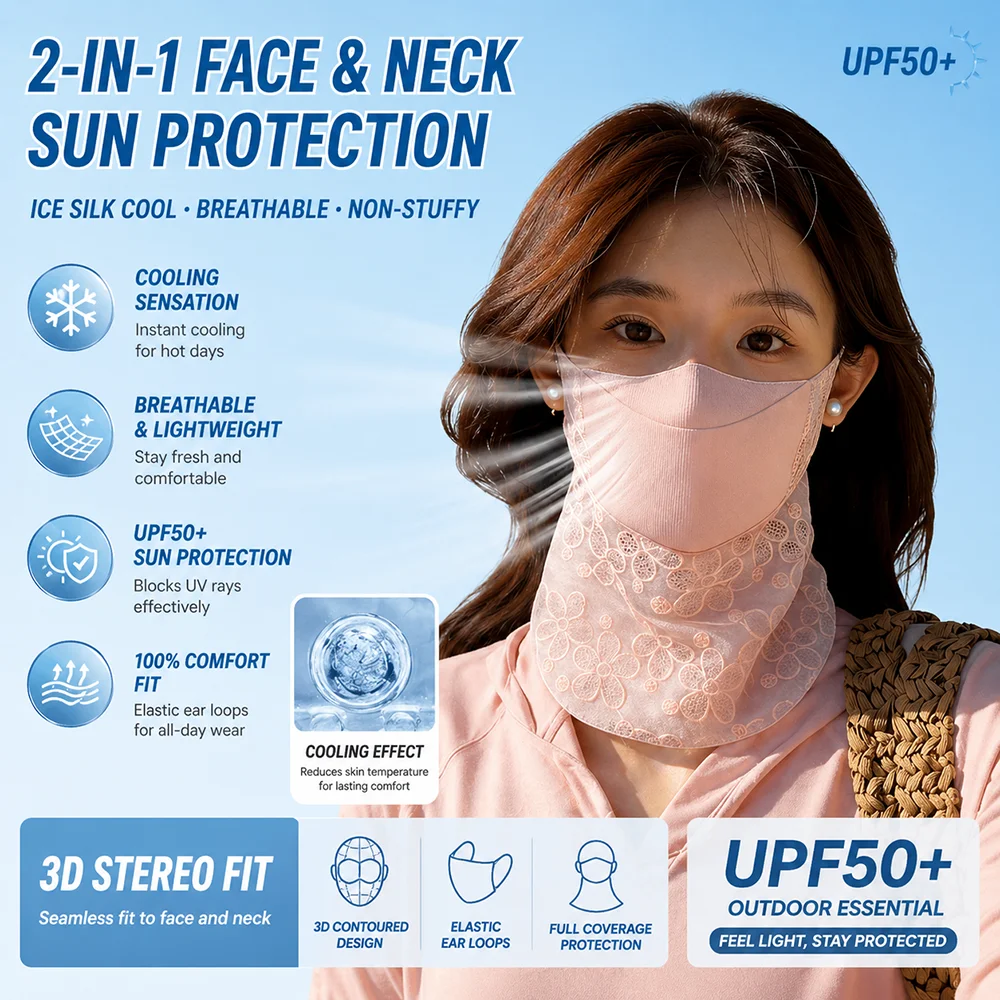 

UPF50+ Face Neck Sun Protection Mask Ice Silk Breathable Cooling UV Protection Full Coverage Outdoor Cycling Summer Mask