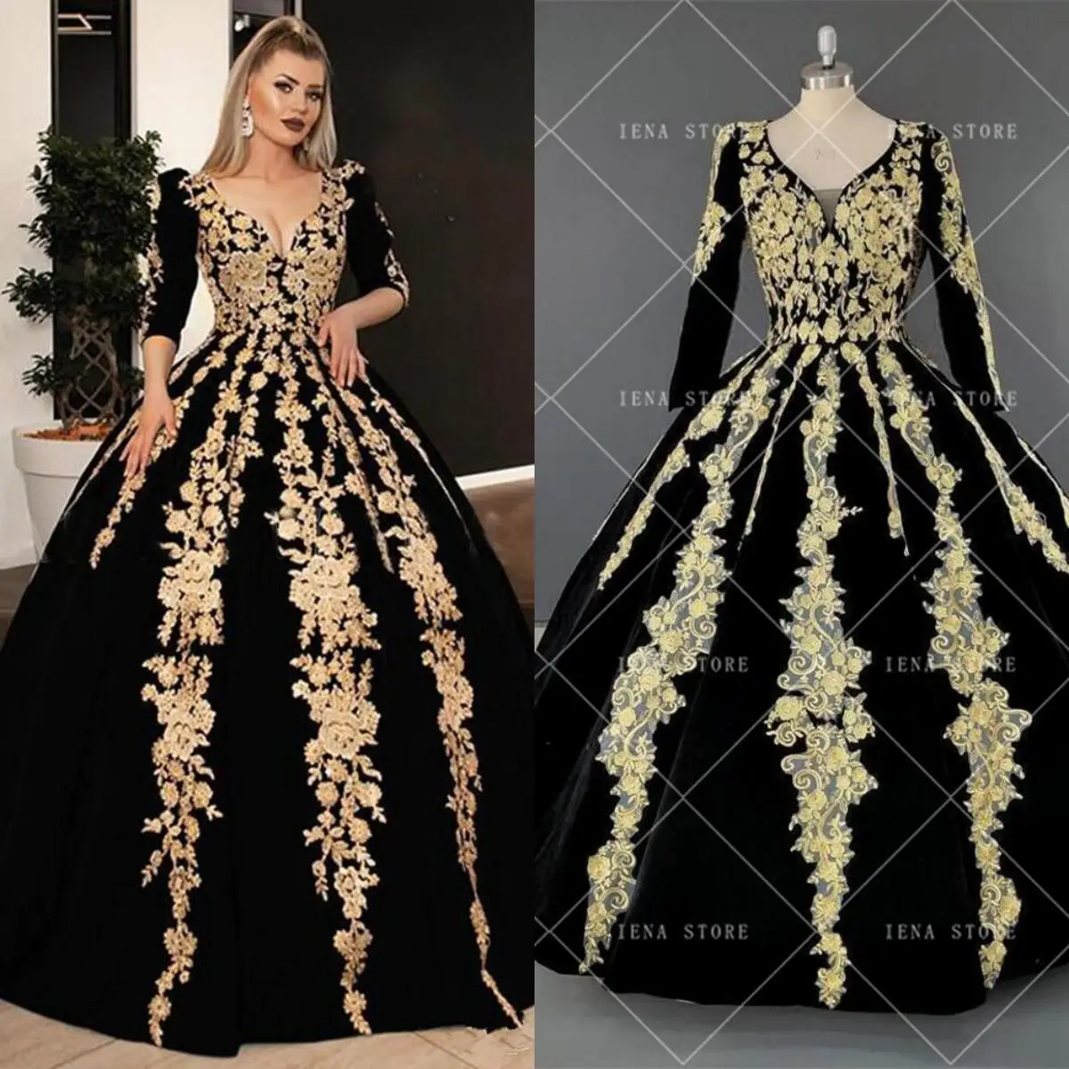 custom 14445#Black Velvet Formal Evening Dresses Plus Size V-neck Half Sleeve Sparkly Gold Applique Caftan Arabic Prom Gown