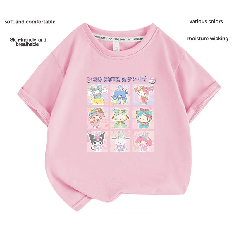 Sanrio Kawaii Anime Kuromi Cinnamoroll Hello Kitty New Kids Short Sleeve T-Shirt Cute Cartoon Cotton Casual Top Birthday Gift