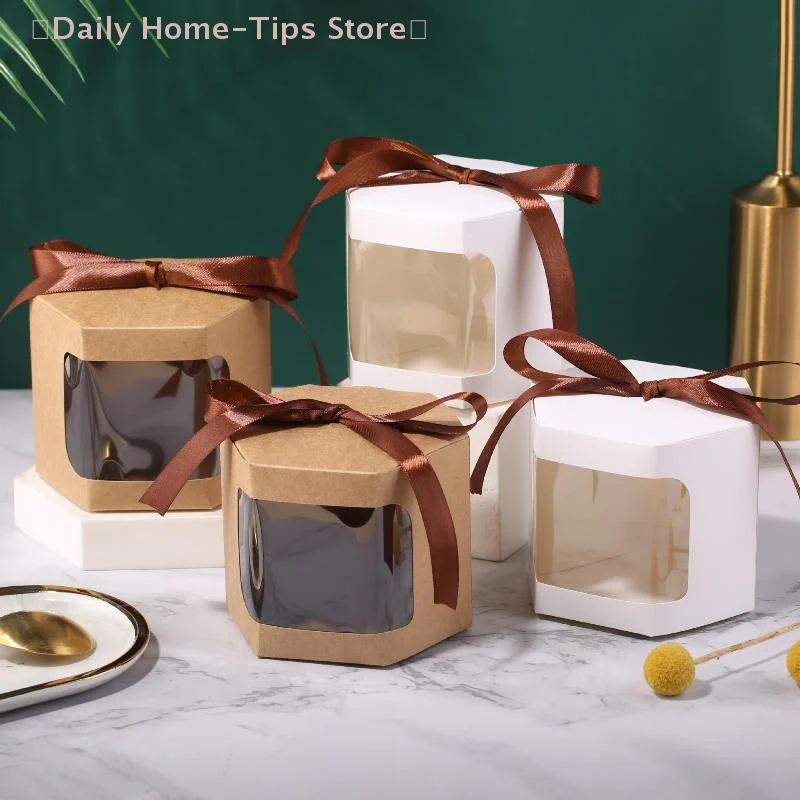 10 Pcs Cake Box Packaging Paper Bags Hexagon Candy Boxes With Clear Pvc Window Birthday Gift Box Presents Sweets Package