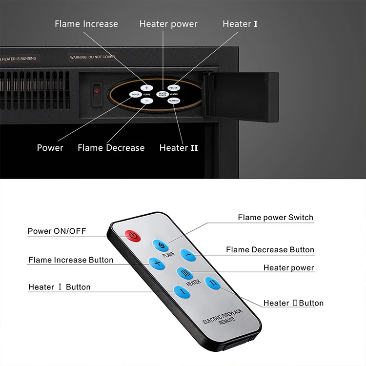 เตาผิงไฟฟ้าแบบตั้งพื้นทรงสูง ลายไม้สีเทา พร้อมรีโมทคอนโทรล
