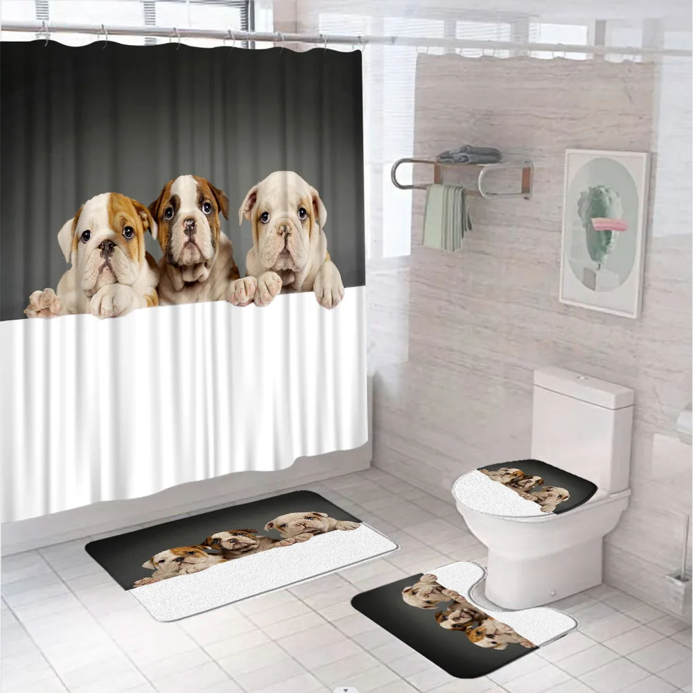 

4Pcs Cute Dog Cat Shower Curtain Sets for Bathroom Decor Non-Slip Rug Toilet Lid Cover Bath Mats Hippie Pet Animal Fabric Screen