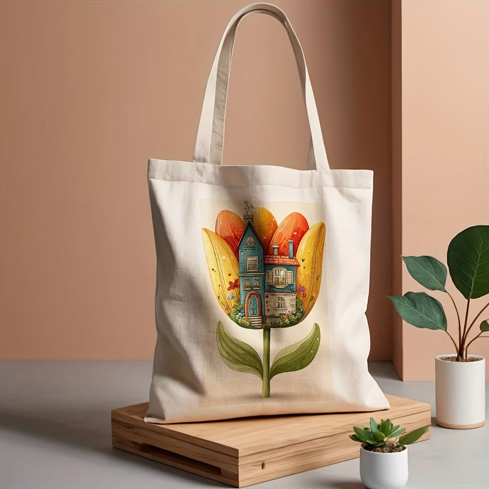 1pc / Tote Bag Suitable for Birthdays, Mother's Day Gifts, Fantasy Flower House Design with Shoulder Straps, Machine Washable Re