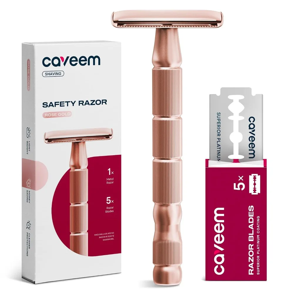 Double Edge Safety Razor for Women & Men, Rose Gold | Starter kit with 5 replacement blades, textured grip, easy blade change, washable design, compact for travel