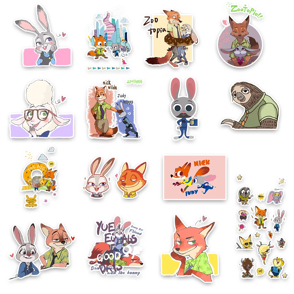 60 قطعة ملصقات فيلم الرسوم المتحركة Zootopia البلاستيكية جودي هوبس نيك وايلد مضحك لطيف خربش DIY بها بنفسك سجل القصاصات الغيتار الهاتف لاصقة تزيين