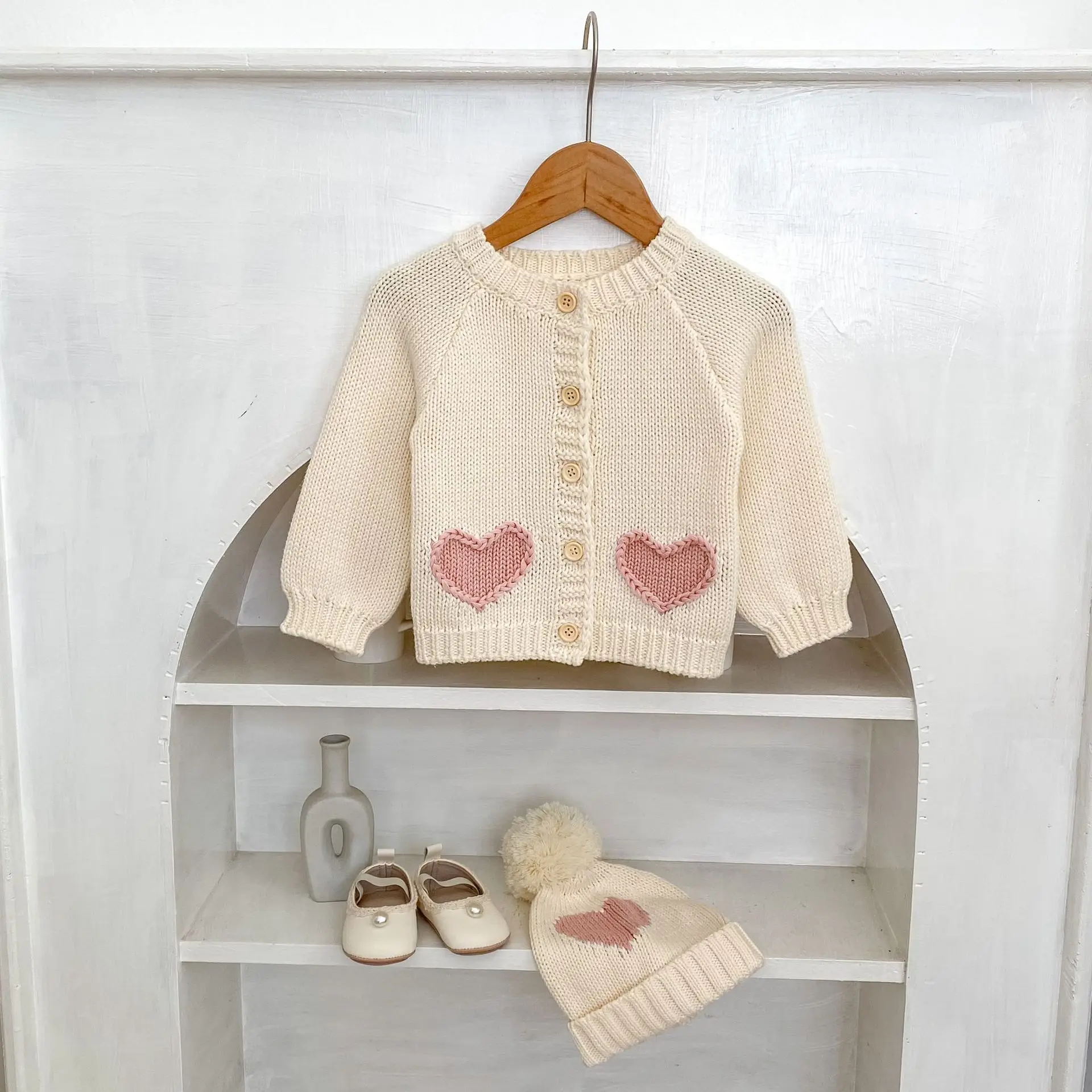 

2025 Autumn New Baby Long Sleeve Sweater Cardigan Infant Girl Sweet Heart Knitted Coat + Hat Toddler Casual Jacket Kids Clothes