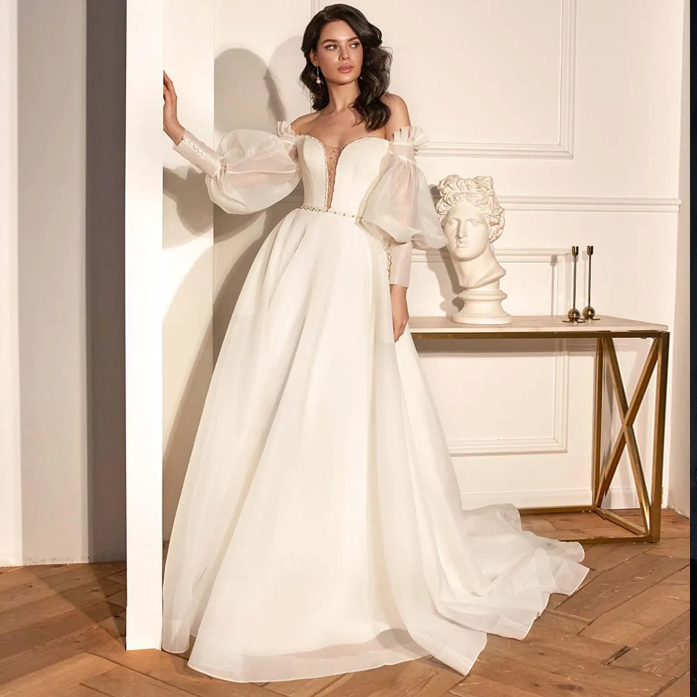 Vestidos De Novia Elegante Organza Trouwjurk Gezwollen Mouwen Klassieke Hochzeitskleid Van De Schouder Trouwjurk Bruidsjurken