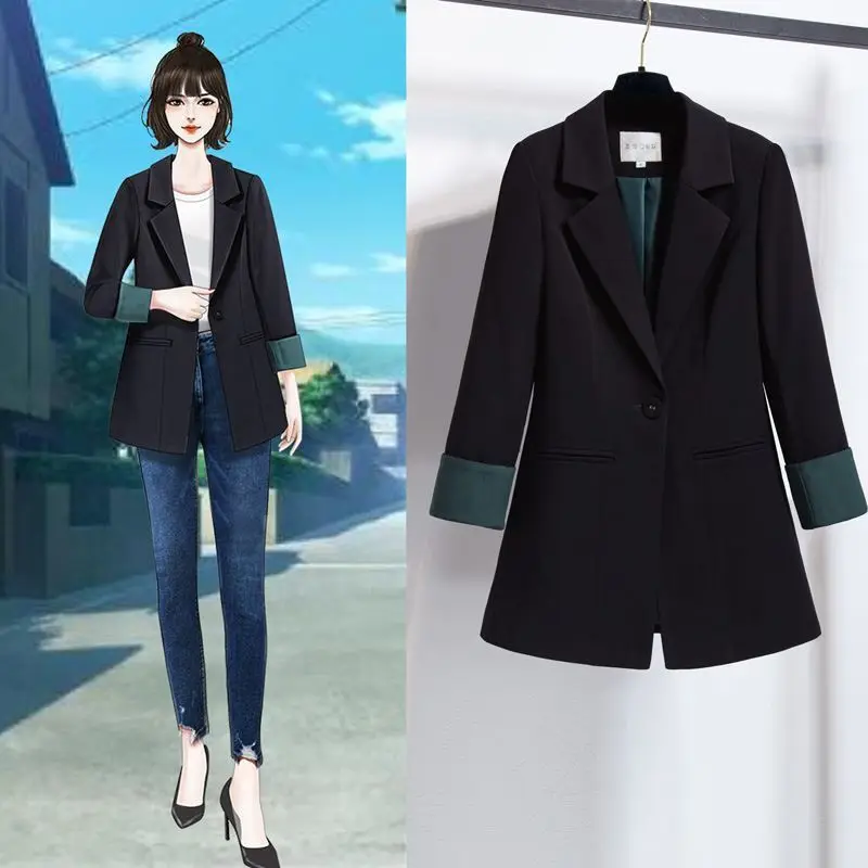 Blazer feminino coreano chique fino, terno preto, manga comprida, roupas de senhora do escritório, tops de jaqueta, primavera, outono