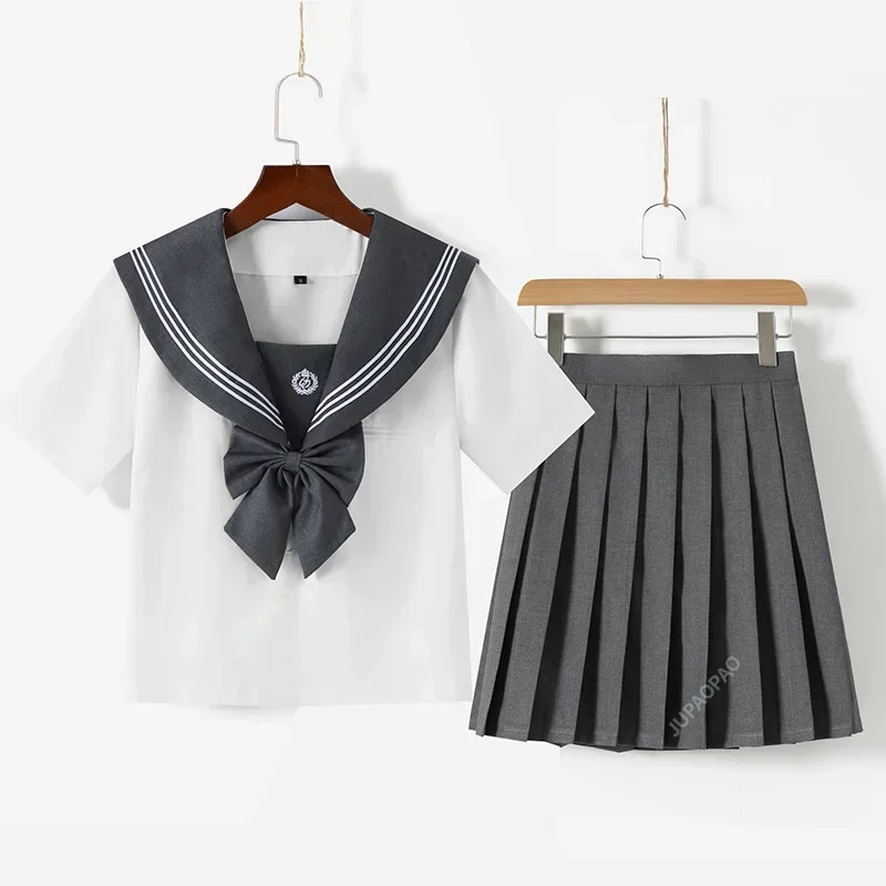 日本の学校制服女子グレーセーラードレスシャツ学生JK制服韓国プリーツスカートセットかわいい女子高生コスチュームBC