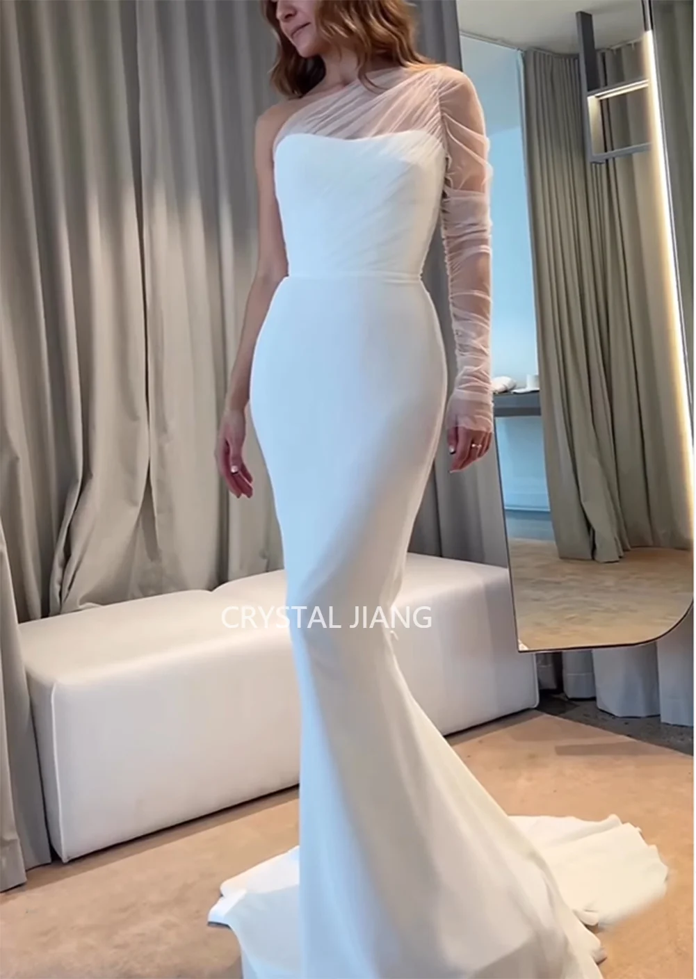 

White One Shoulder Satin Wedding Dresses with Full Sleeves Vestido De Noiva Casamento Mermaid Sweep Train Bridal Gowns