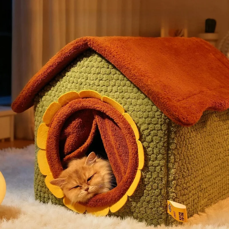 Winter Deep Sleep Comfort Cat Bed Cute Sunflower Shape Nest Pets Tent Cozy Cave for Cats House Soft and Self Warming Kitten Beds