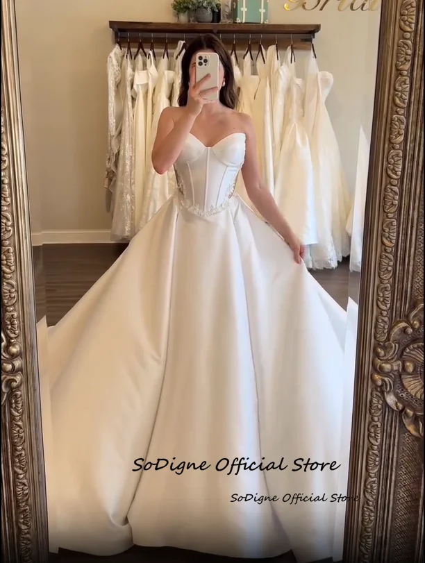 SoDigne A-line Satin Appliques Bride Dresses Sleeveless Sweetheart Wedding Dress Simple Bridal Gown Vestidos De Novia Customized