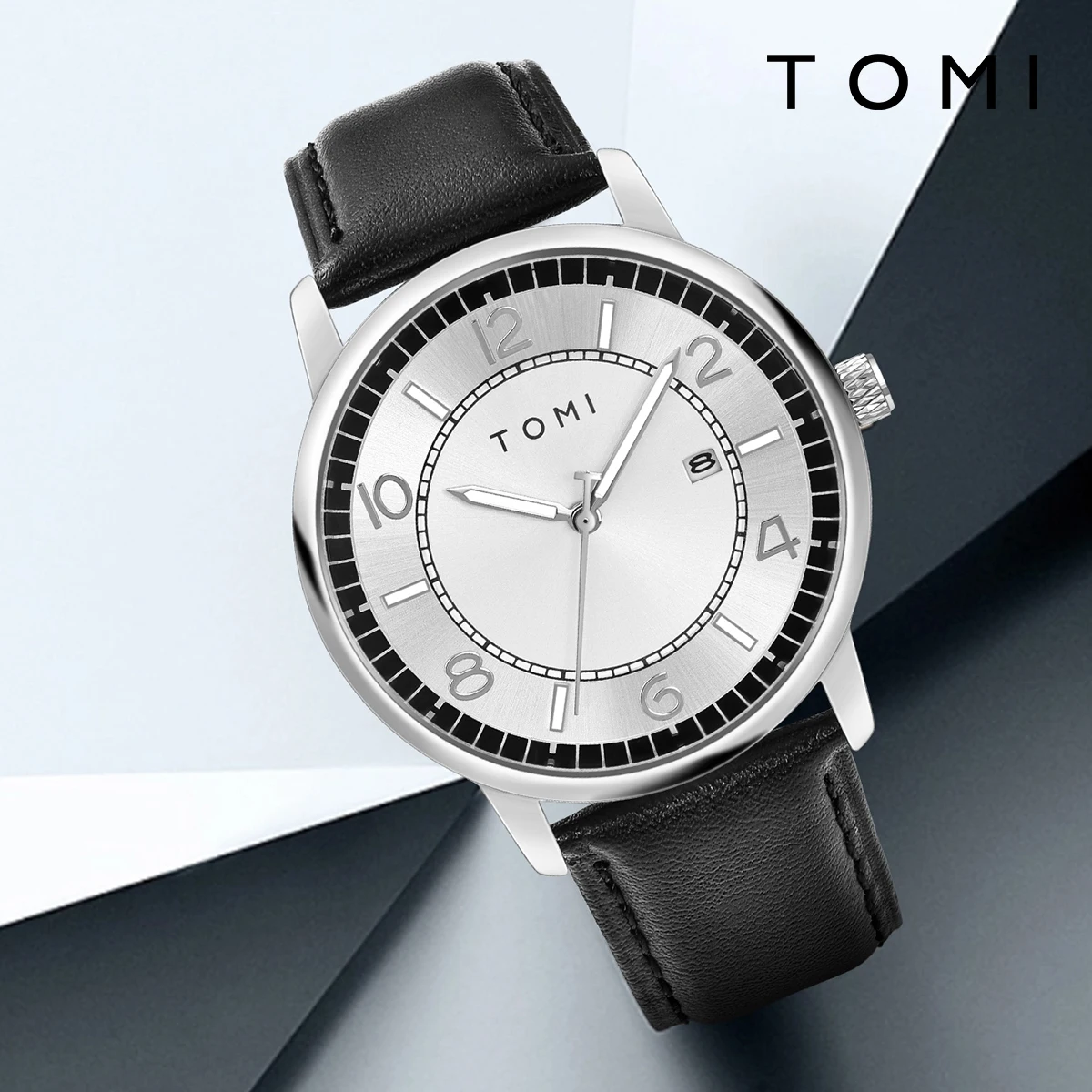 TOMI Men\'s Watch Minimalist Casual Calendar Men\'s Quartz Watch Versatile Black Leather Strap Quartz Watch Holiday Gift