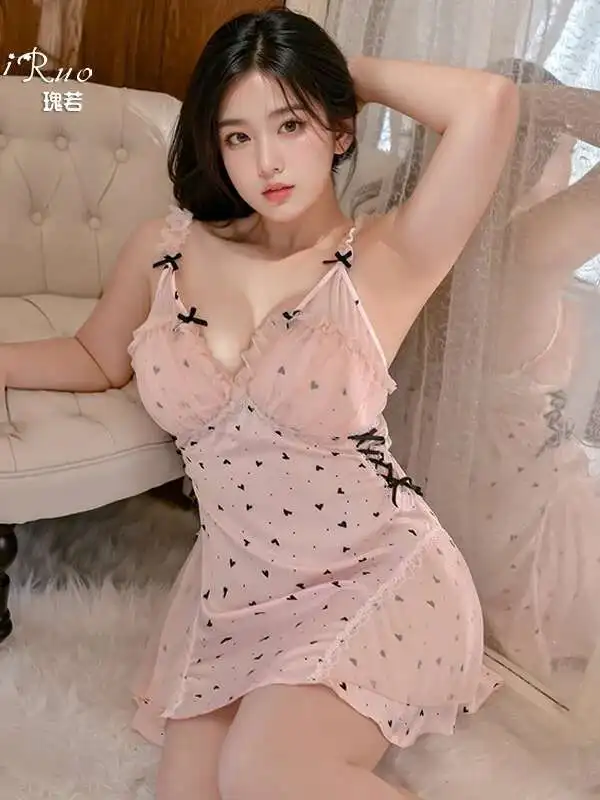 プリントサテン甘いパジャマ情熱的な純粋な欲望胸マットセクシーな睡眠スカートホーム女性セット 4902 オフホワイトベルト春 YS8H