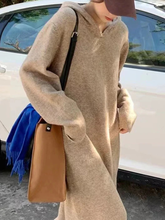 Solid Long Length Hooded Sweater, Casual Long Sleeve Sweater For Fall & Winter, Women's Clothing