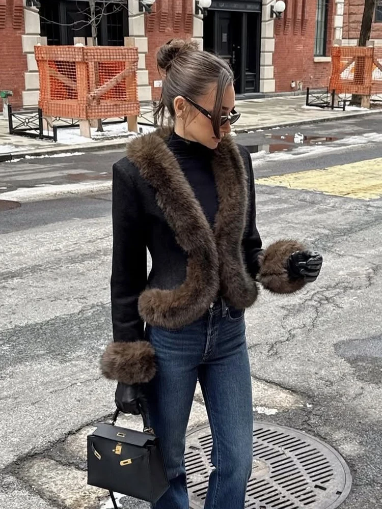 Women's Fashion Black Solid Color Fur Collar Fur Cuffs Short Jacket Trendy Slim Fit Jackets 2026 Autumn Winter Street Outwear