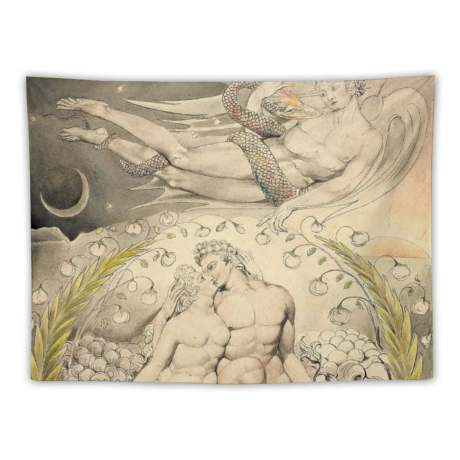 HD сатана наблюдает за конечностями Адама и Евы, Уильям Блейк высокое разрешение (оригинальные цвета) гобелен