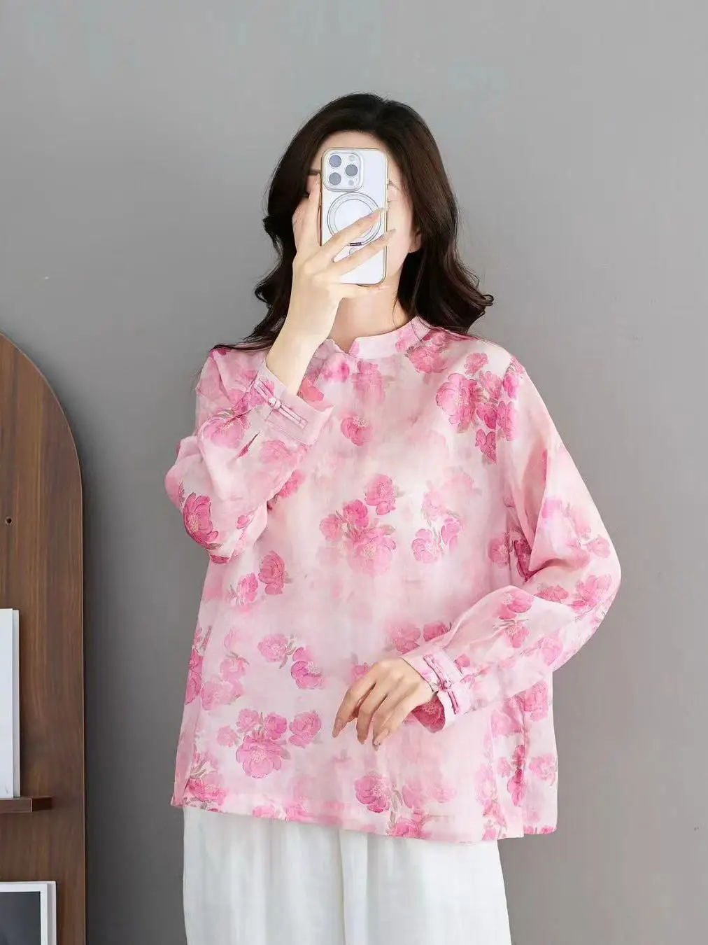 

Ретро-рубашка из чистого льна с длинным рукавом и принтом, весна 2026, женская повседневная свободная рубашка на пуговицах с воротником, дышащая