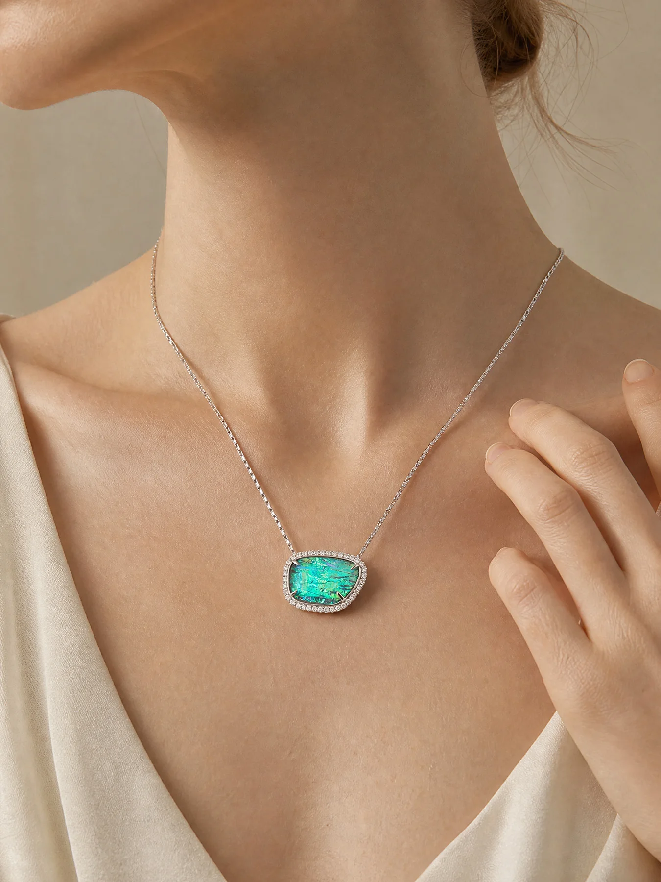 Museum Reproduction Iridescent Opal Necklace, Rectangular Gemstone and Crystal Drop Interchangeable Pendants Luxury Jewelry