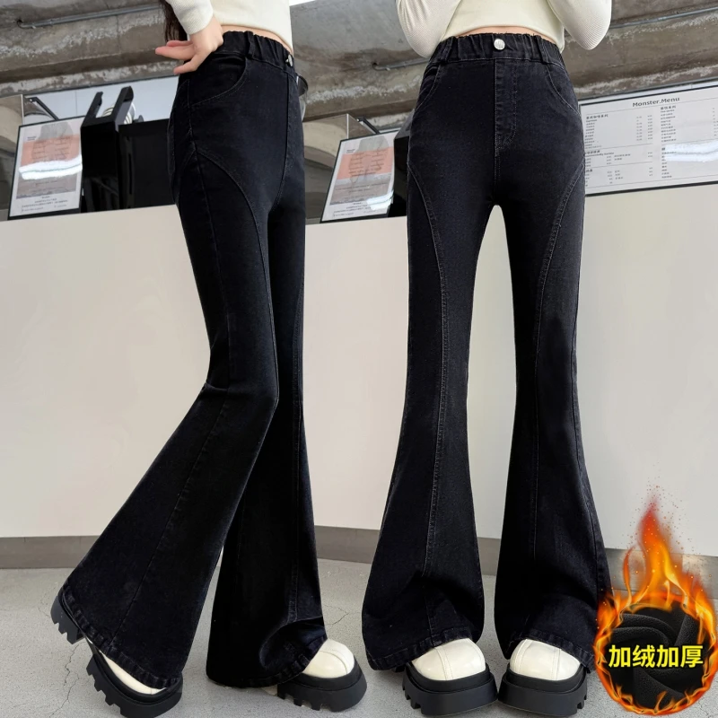 

Детские эластичные расклешенные джинсы с потертыми краями, нечеткая подкладка, расклешенные джинсы для девочек, подходят для зимы, возраст 7–14 лет