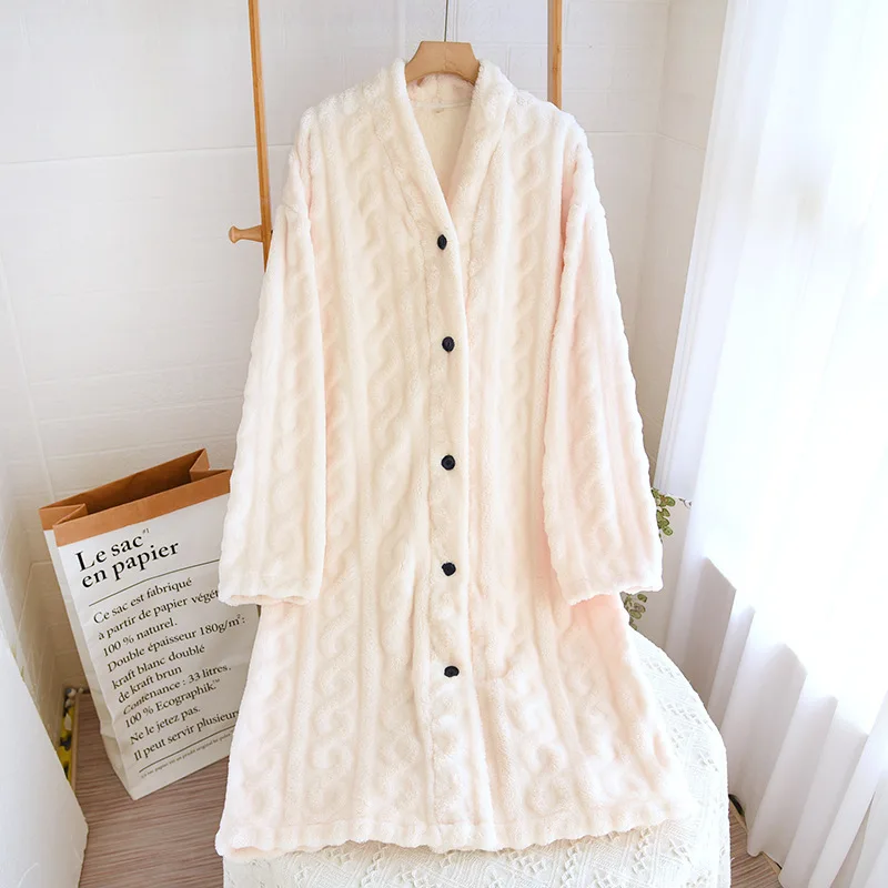 Winter New Flannel Kimono Robe Women Night Gowns Bathrobe Long Sleeve Thicke Sleeping Sleepwear Warm Coral Velvet Pajamas Set