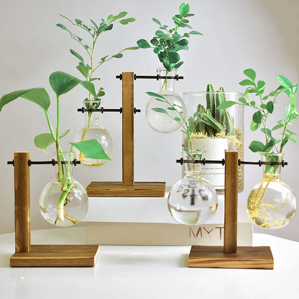 Terrarium Hydroponic Plant Vases Vintage Flower Pot Transparent Vase Wooden Frame Glass Tabletop Plants Home Bonsai Decoration