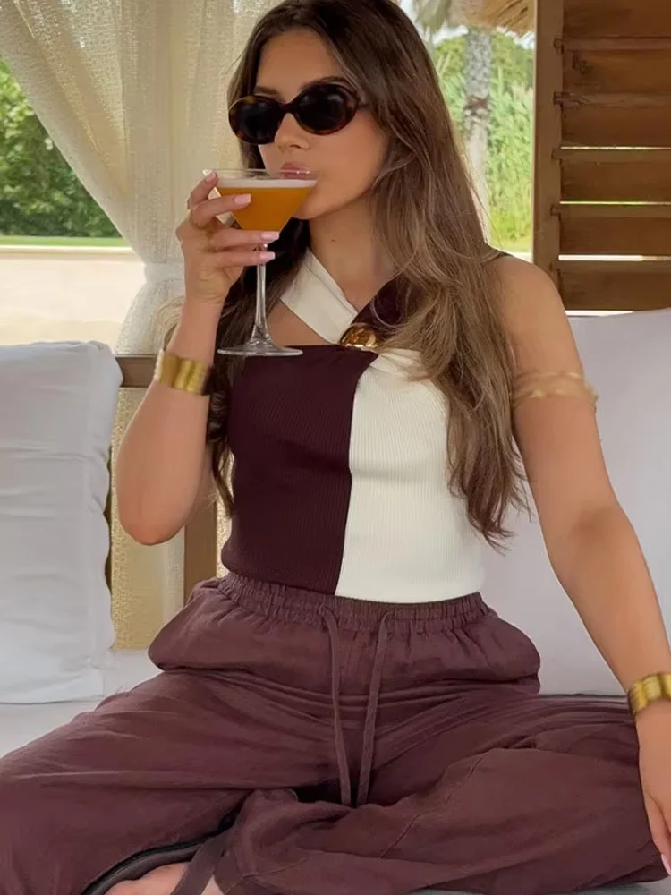 HH المرأة الصيف مثير سليم بلوزات قصيرة معلقة الرقبة طوق عارية الذراعين أنثى موضة شيك بلا أكمام محبوك القمم 2 اللون 2025 #2