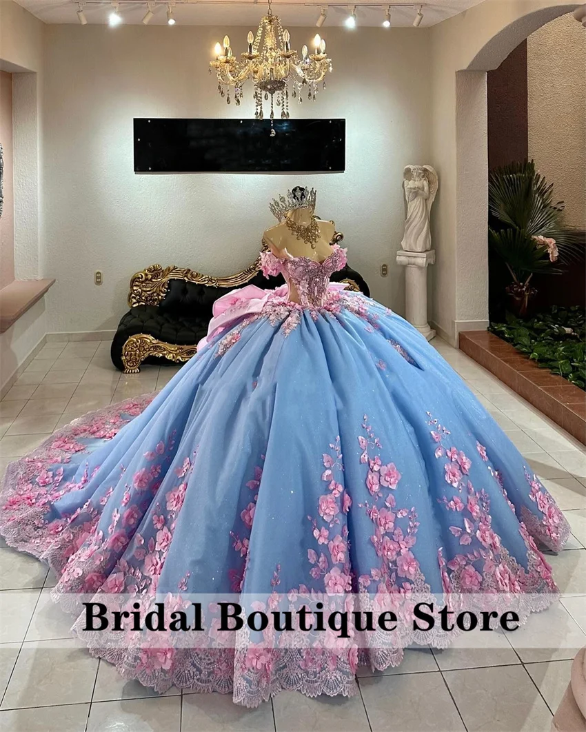 Vestido de fiesta de princesa azul cielo, vestidos de quinceañera con lazo, cuentas, apliques 3D, vestido de fiesta de cumpleaños de cristal para niñas del siglo XVIII personalizado