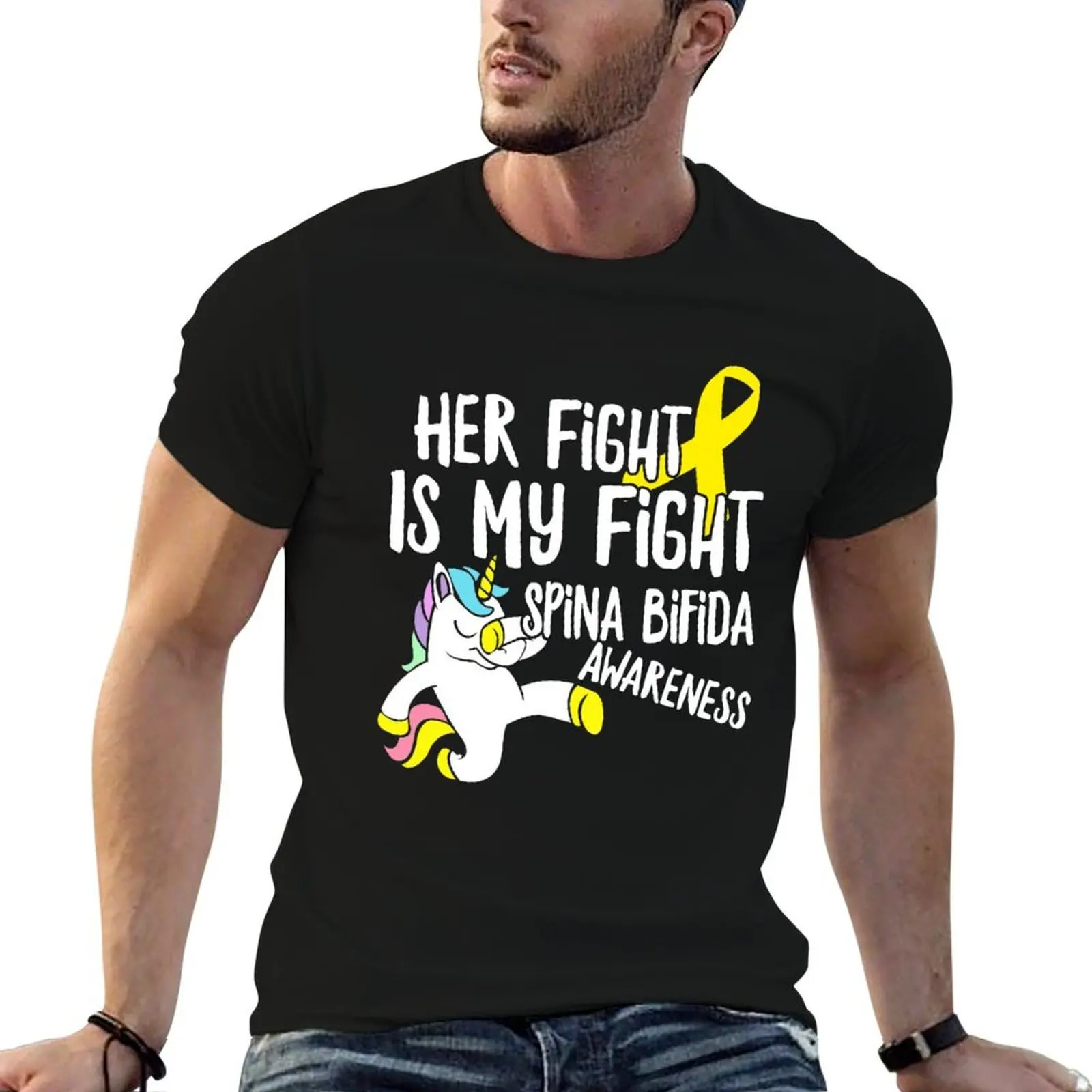 

Spina Bifida Awareness Cute Unicorn Her Fight Is My Fight Yellow Ribbon Love Family Mom Baby Support Gift T-Shirt