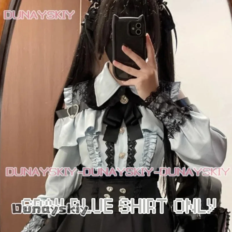 CyJirai kei-Conjunto de blusa Lolita para niña, Top, camisa de manga larga para mujer, faldas negras con lazo Kawii, camisas Y2K dulce estilo japonés para mujer S