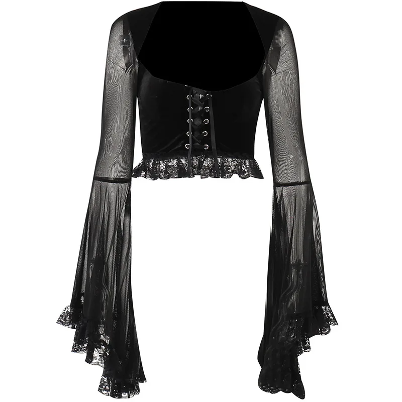 Sexy Goth Lace-up Long Flared Sleeve T-Shirts for Women Vintage Black Velvet Lace Trim Corset Crop Tops Y2K Grunge Streetwear