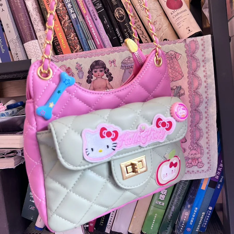 

Kawaii Sanrio Hello Kittys Handbag Summer Cute Cartoon Anime Dopamine Contrast Chain Crossbody Saddle Bag Toy Girl Birthday Gift