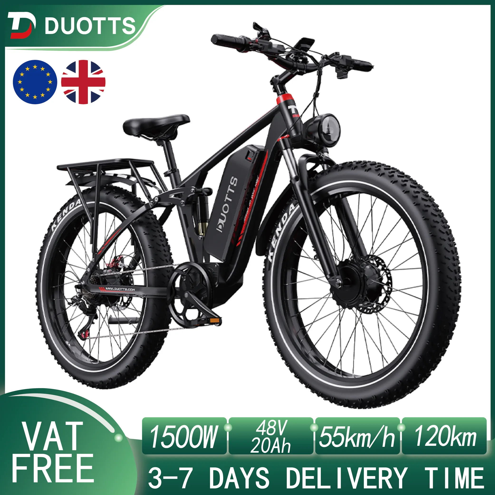 Le vélo électrique à pneus larges DUOTTS S26 à double moteur offre une puissance de 750W*2, une batterie Samsung de 48V 20Ah, 55 °   capacité d'ascension et vitesse de 50-55 km/h. Avec des pneus tout-terrain 26×4.0, une double suspension, un contrôle intelligent via une application, parfait pour les trajets en ville.