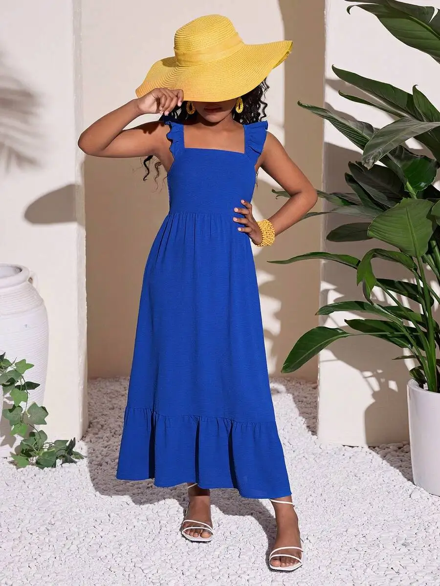 

Blue Square Neck Ruffle Sleeve Maxi Dress Casual Vacation Style