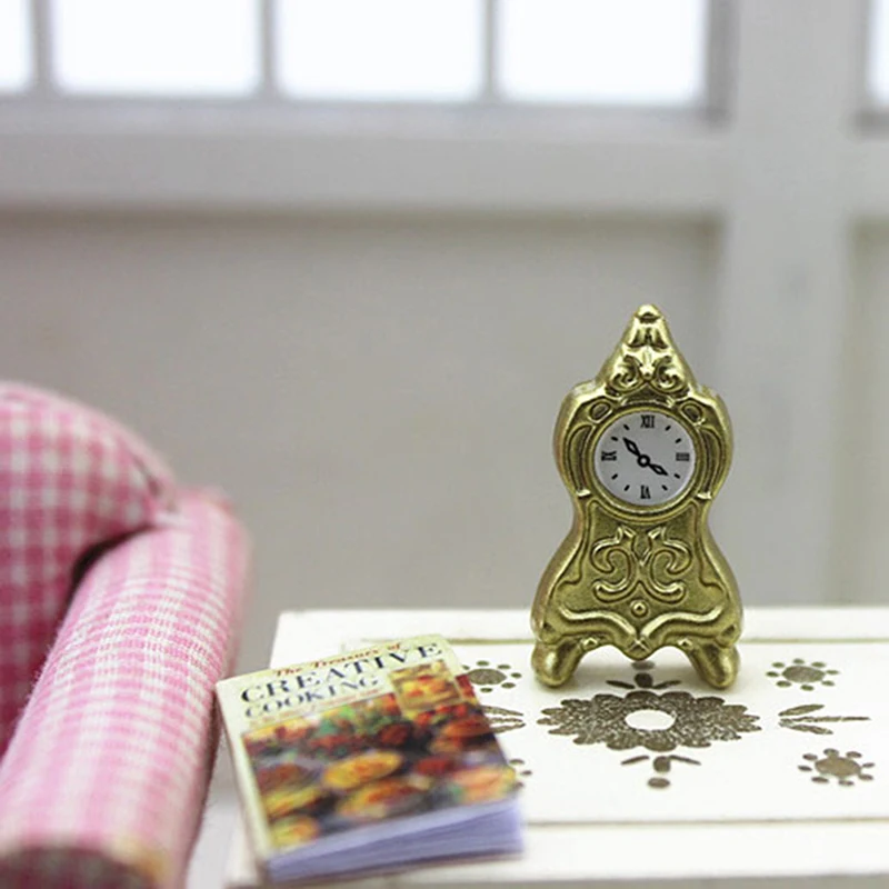 1:12 Miniature golden pendulum clock dollhouse diy doll house decor accessories