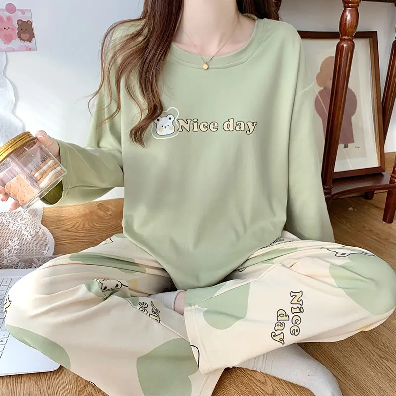 Cotton High-End Pajamas Spring Autumn Long Sleeve Round Neck Cartoon Student Home Wear Suit Women Sweet Cute Loose Sleepwear Set