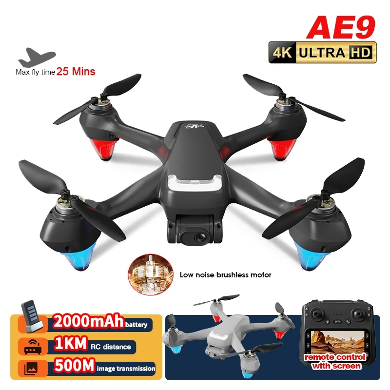

AE9 Drone with 4K Camera GPS Screen Remote Brushless Motor FPV Flight Time 25 Mins RC Drone