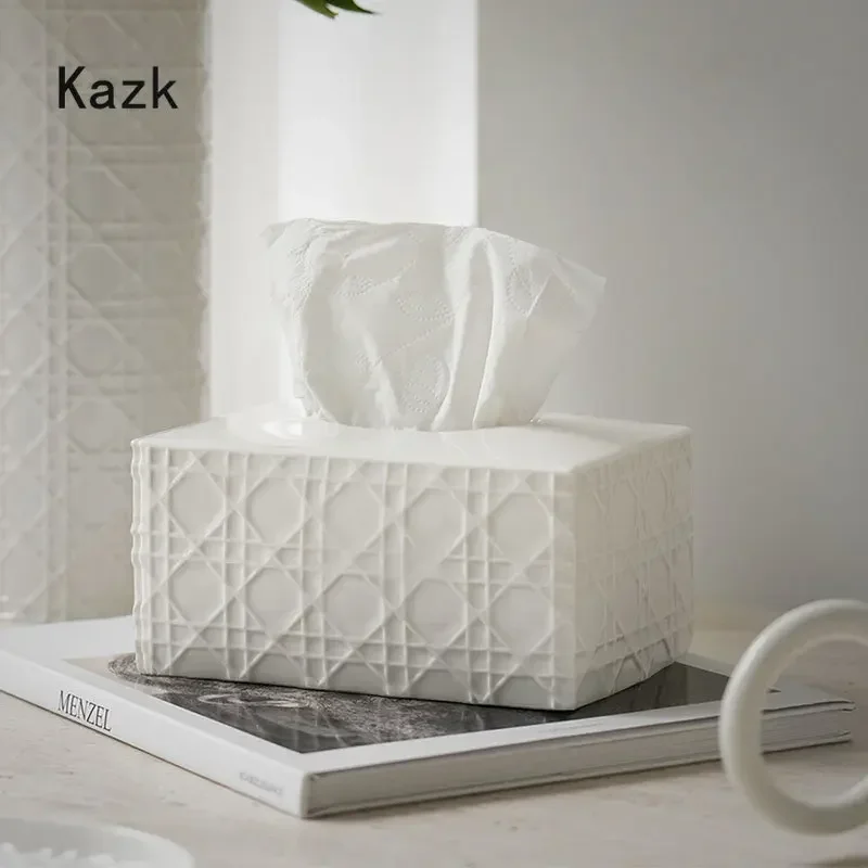 Rattan Lattice Texture Tissue Box Creative High-end Relief Ceramic Tissue Boxes Home Desktop Napkin Holder Living Room Decoratio