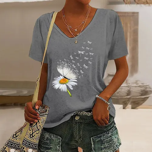Imagen 1 del producto Camiseta de mujer con estampado gráfico de diente de león y mariposa, manga corta, cuello en V, moda informal Y2k, ropa de verano de gran tamaño para calle