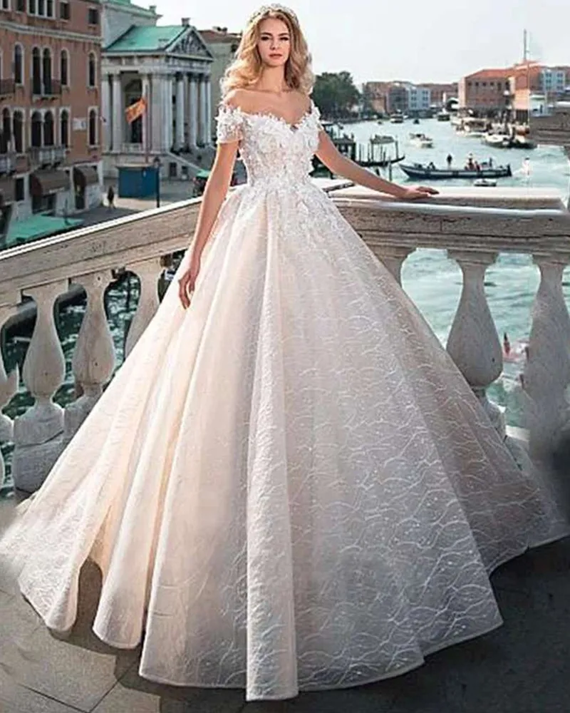 Vestido De Novia De manga corta con cuello en V, moderno, con Apliques De encaje 3D, para Novia, con cuentas De princesa