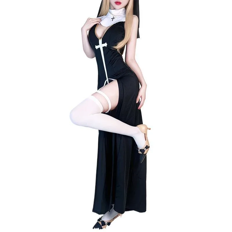 Moda sexy bonito preto freira vestido traje halloween masquerade festa irmã traje role play desempenho traje conjunto 2025