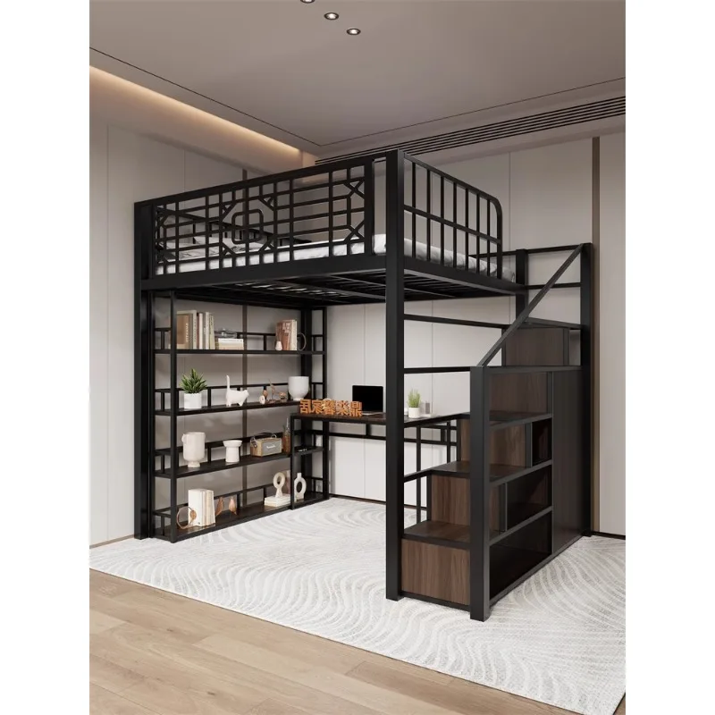 Wrought iron bed, bedroom, household space-saving suspended bed, small apartment, loft single top raised bed - Image 2