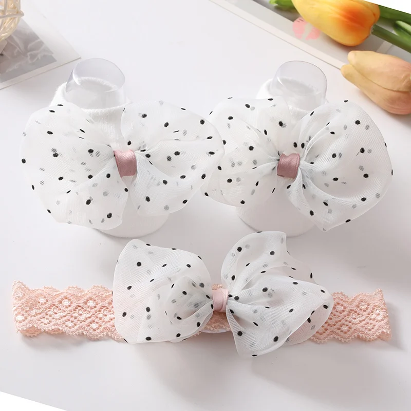 Cute Lace Bows Baby Socks With Headband Set Newborn Cotton Sock Newborn Turban Girls First Walkers Toddler Infant Accessories