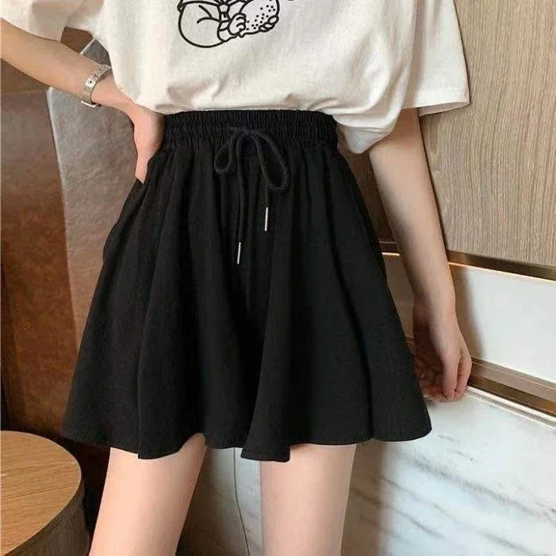 

5 Sizes Summer Shorts Skirts Women Elastic High Waist Casual Wide Leg Shorts Korean A Line Loose Mini Skirt Black Short Pants