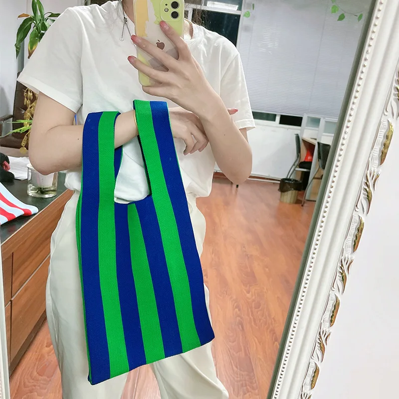 Summer Korean Handmade Knitted Handbag Women Mini Knot Wrist-bag Casual Stripe Tote Bag Fashion Student Reusable Shopping Bag