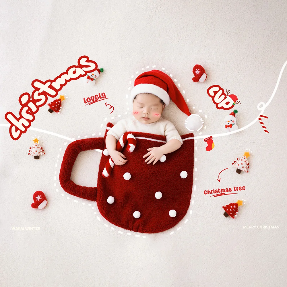 عيد الميلاد موضوع الوليد التصوير الدعائم الطفل محبوك بذلة + سانتا طقم قبعات استوديو الصور أفخم جيوب خلفية الملحقات