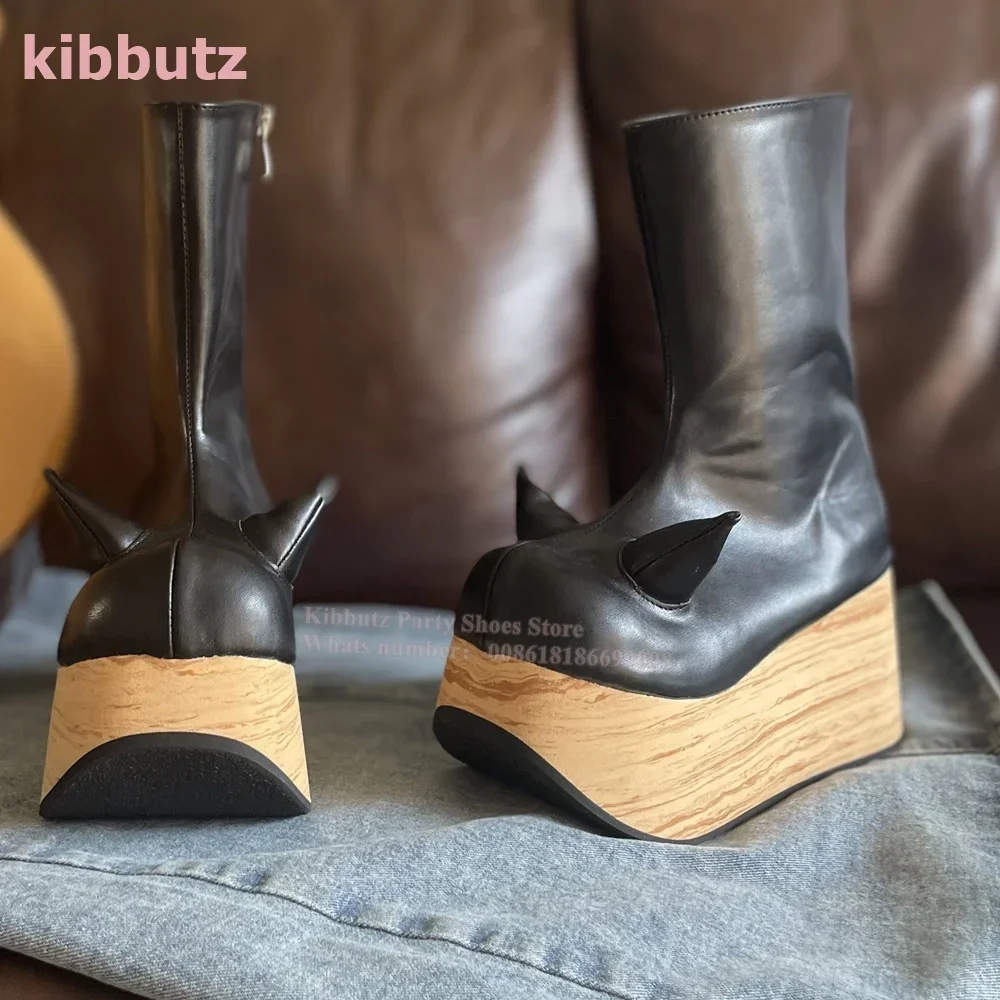 

Wooden Wedges Heel Ankle Boots Fashion Novelty Runway Show Novelty Concise Shoes Newest Cow Horn Round Toe Leather Side Zipper