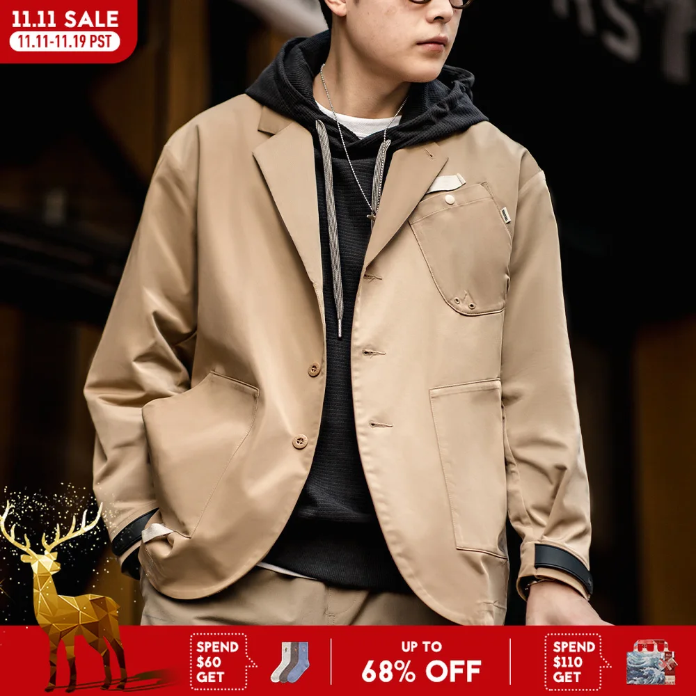 

Maden новая повседневная мужская весенняя куртка с лацканами и свободным кроем, однобортный пиджак с несколькими карманами, винтажная универсальная верхняя одежда